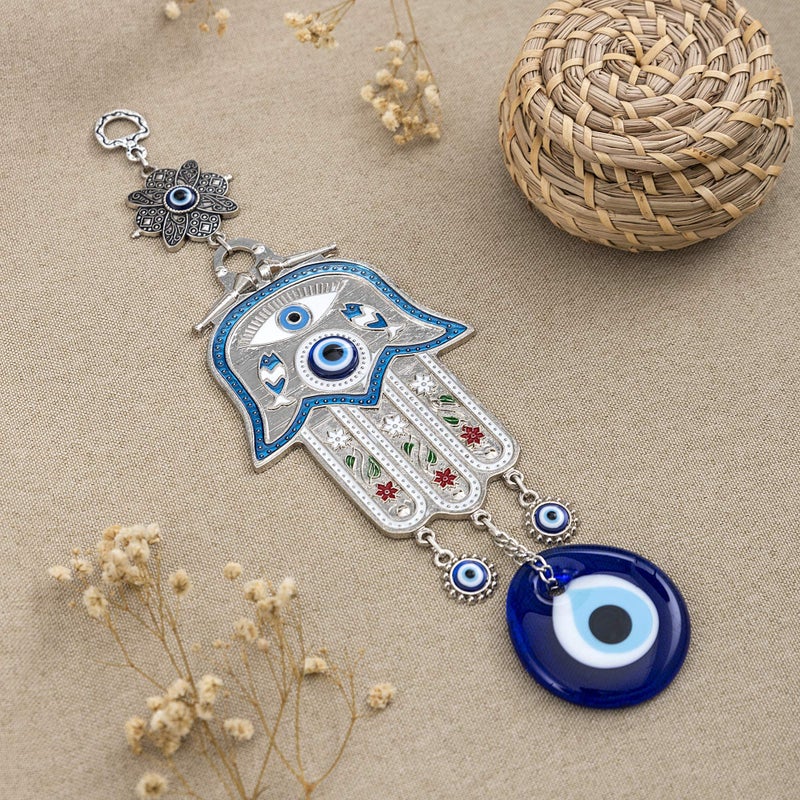 Erbulus Turkish Blue Hamsa Hand of Mother Fatima Evil Eye Wall Hanging Ornament - Turkish Nazar Bead Amulet â€“ Good Luck Charm Gift -Metal Home Protection Decor in a Box (Blue) - Image 3